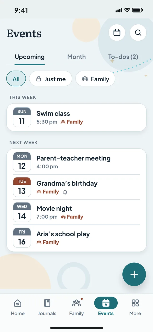 The Events page: a swim class this week, then Grandma's birthday and Aria's school play next week.