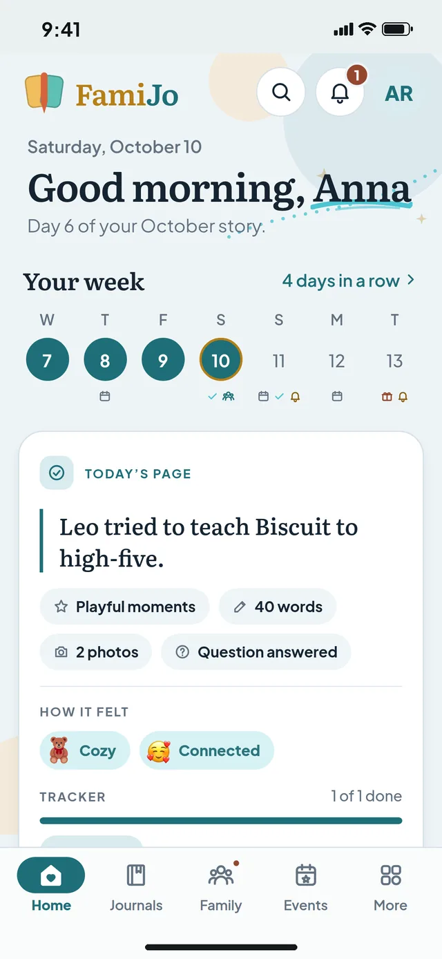 FamiJo Home on iPhone: your week, then today's page in brief.