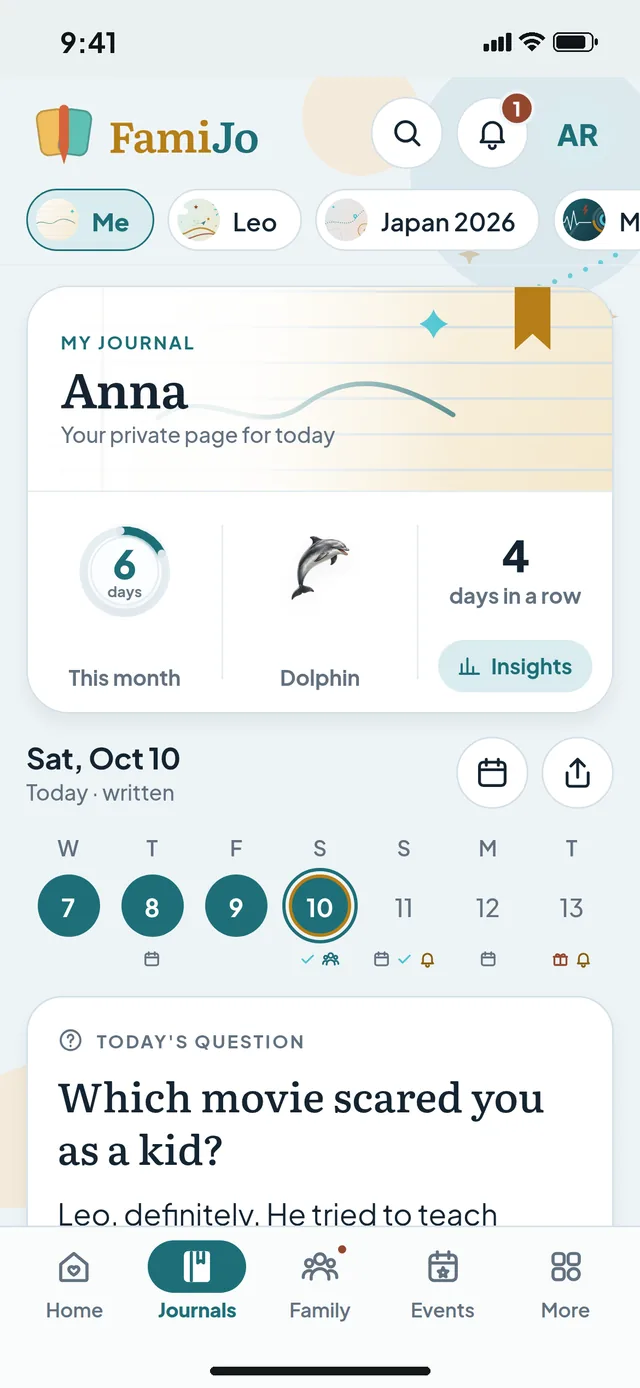 The journal page on iPhone: your banner with days this month, your Journimal and your streak, then the week and today's question.