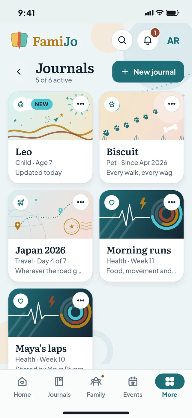 Your journals in FamiJo: covers for Leo, Biscuit the dog, a trip to Japan and two Health journals.