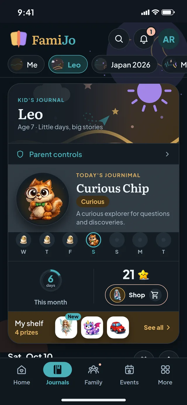 Leo's journal in dark mode: today's Journimal, his stars, the Shop button and his prize shelf.