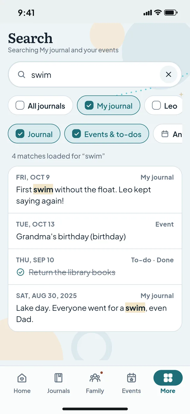 FamiJo Search on iPhone: searching for swim finds journal days, an event and a to-do, each with its date.