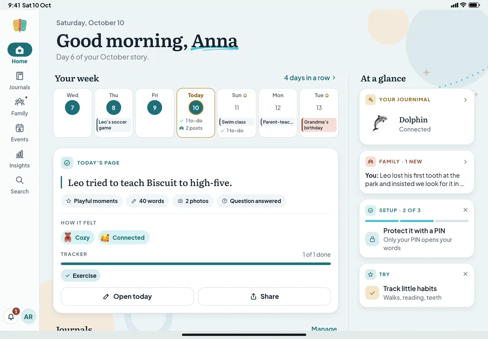FamiJo Home on iPad in landscape: your week with each day's events, to-dos and family posts, then today's page in brief, with small tiles beside it for your Journimal, the family, setup and a tip.